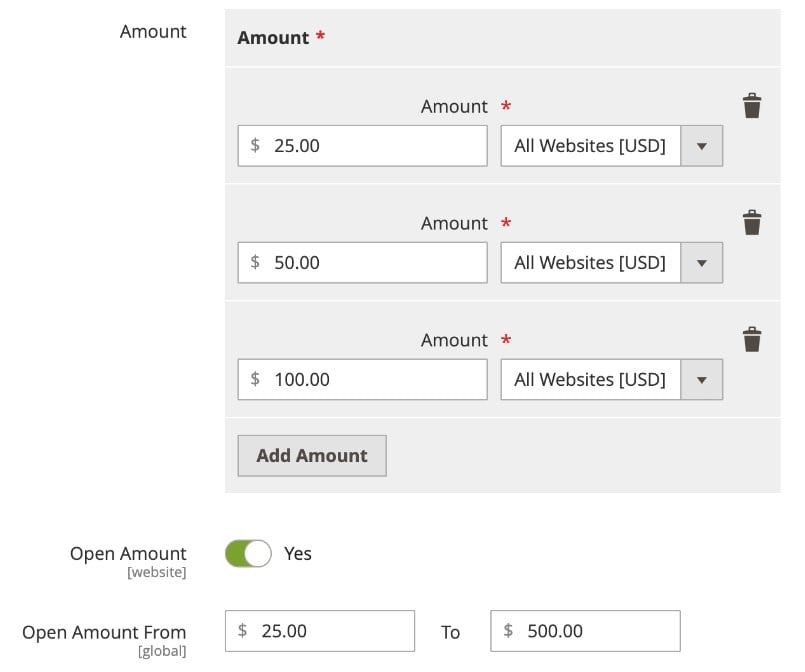 create magento 2 gift card product: configure amount