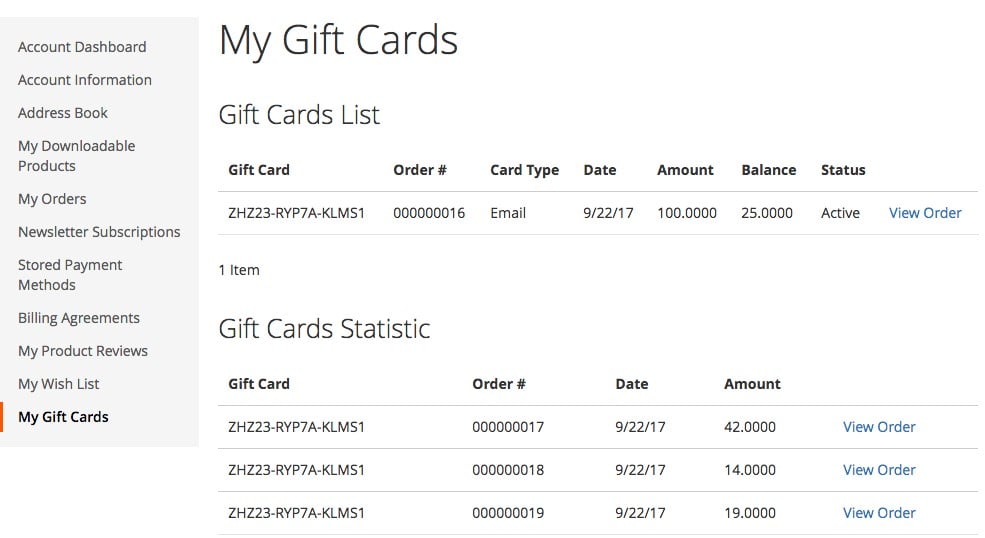magento 2 gift card in a customer account