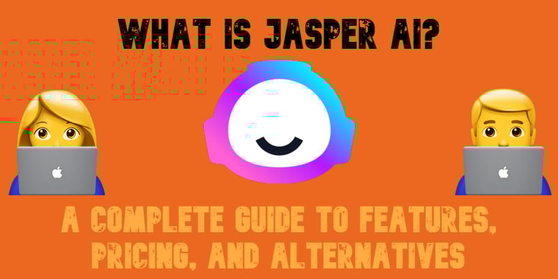 illustrative image for Jasper AI review with Jasper.AI icon, emojis and text