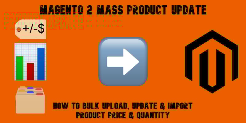 Illustrative image for the magento 2 mass product update guide with emojis, magento logo, and text on orange background