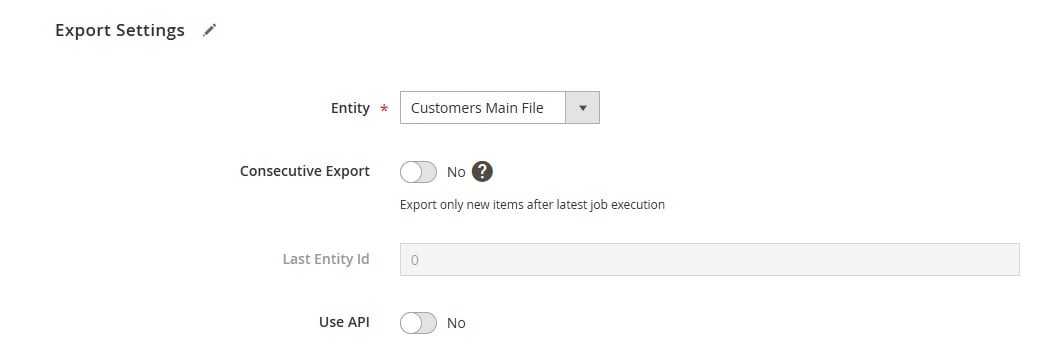 IIE's Export Settings in a new export job where you can choose entity for Magento 2 customer export, enable API export, or activate consecutive export