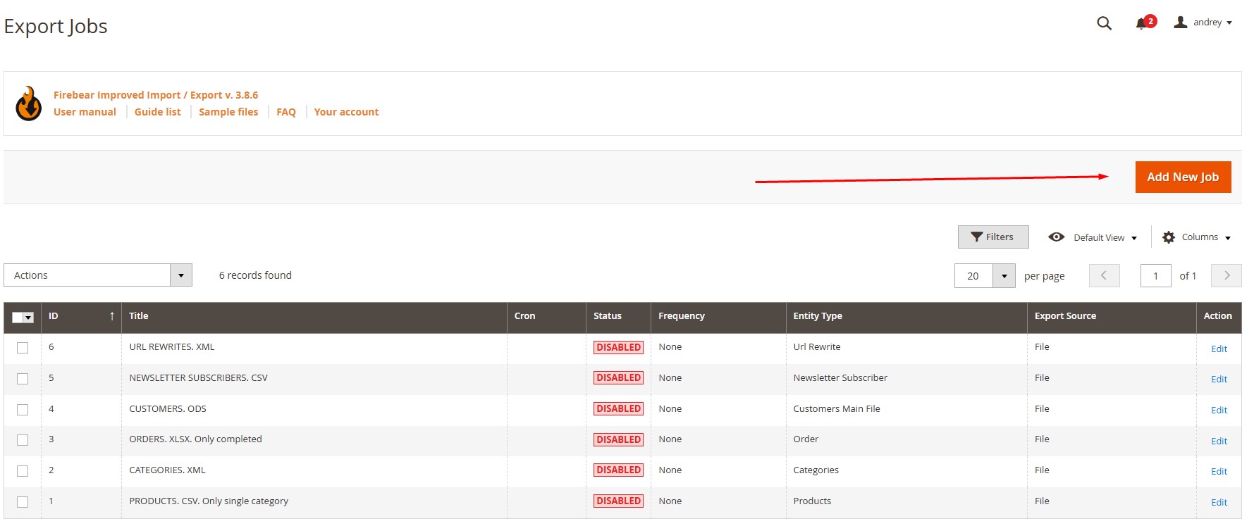 screenshot showing how to add new customer export job in magento 2 with Improved Import & Export
